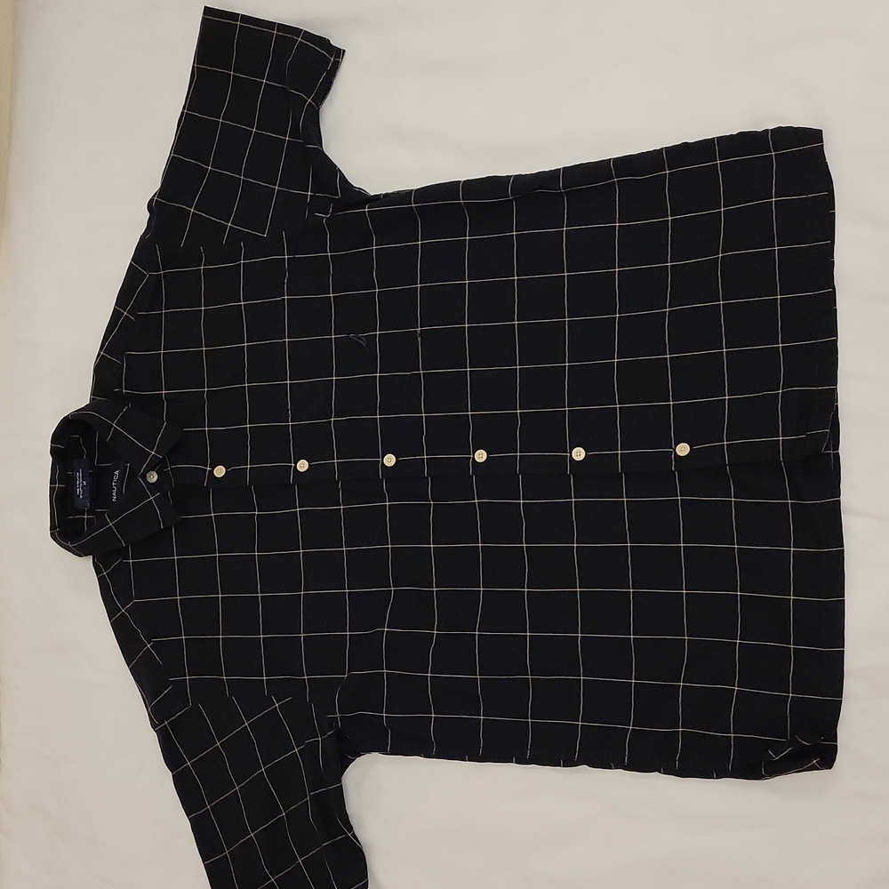 Nautica Button Down Shirt Short Sleeve Black Yellow Men's Medium M